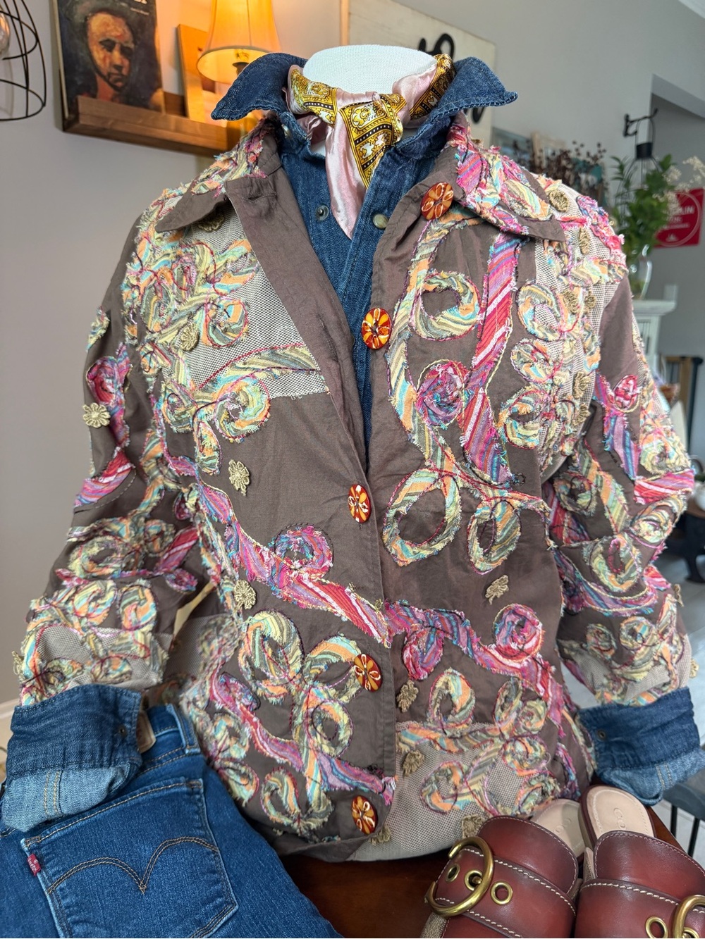 Life Style Woman 1X Cotton Applique Blazer Art to Wear Boho Lightweight